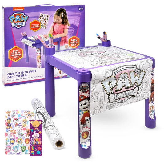 Paw Patrol coloring table in purple with stickers for creative play.