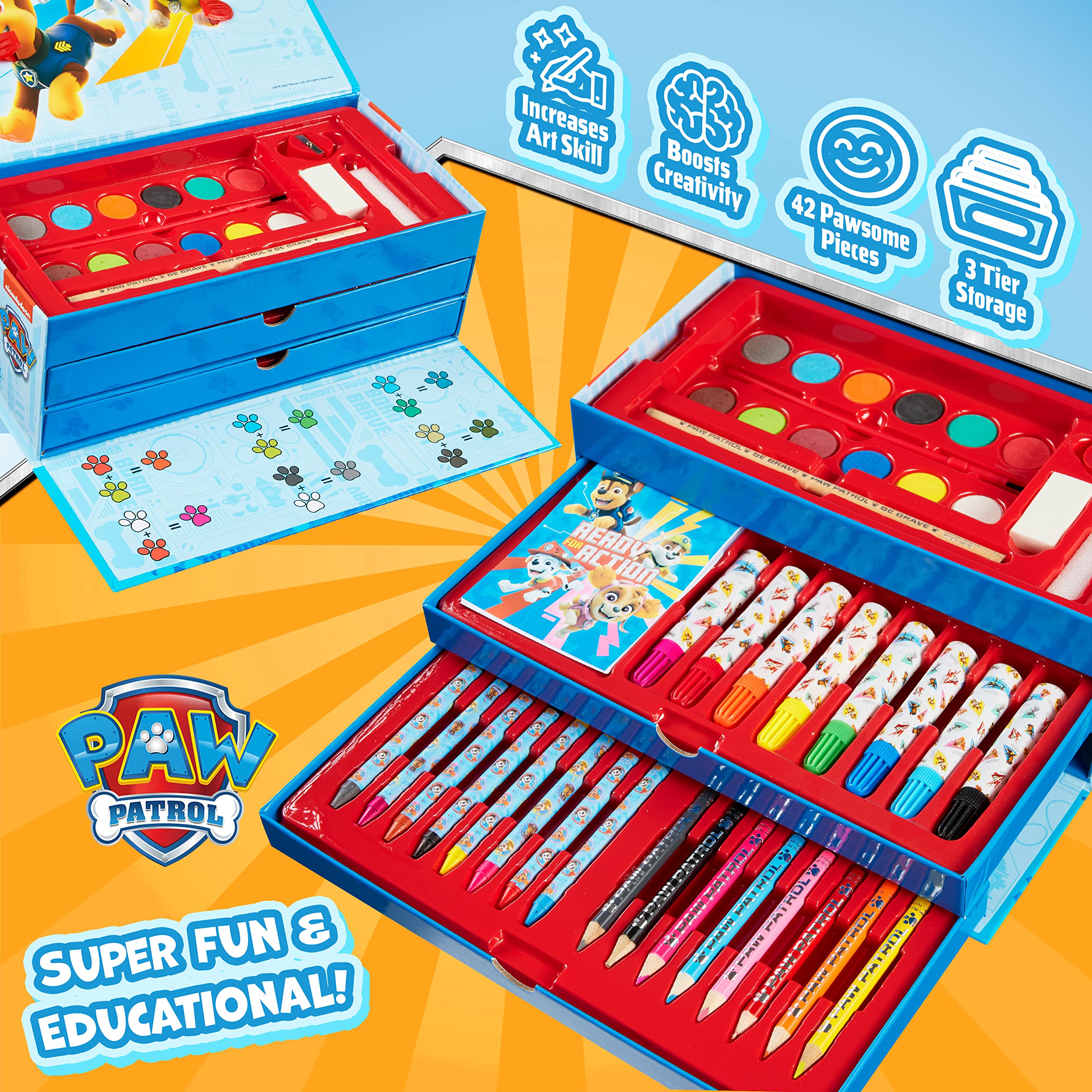 Contents shown include paints, crayons, and markers for organized art sessions.