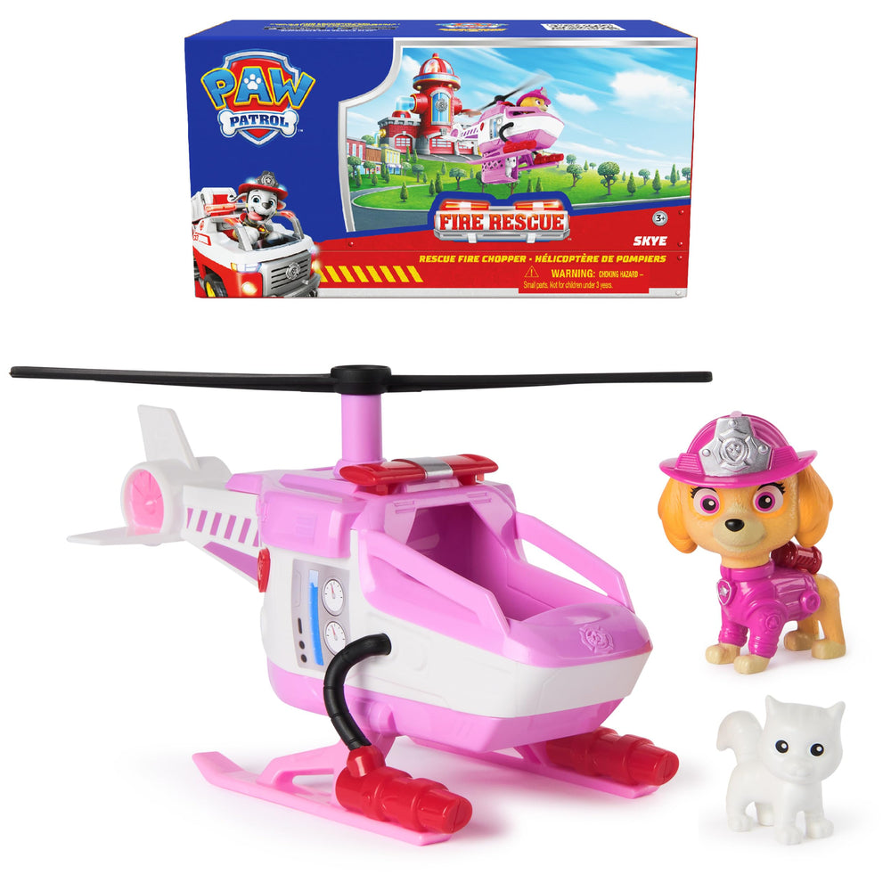 PAW Patrol Skye Rescue Fire Chopper with spinning rotors fuels fast imaginative rescues.