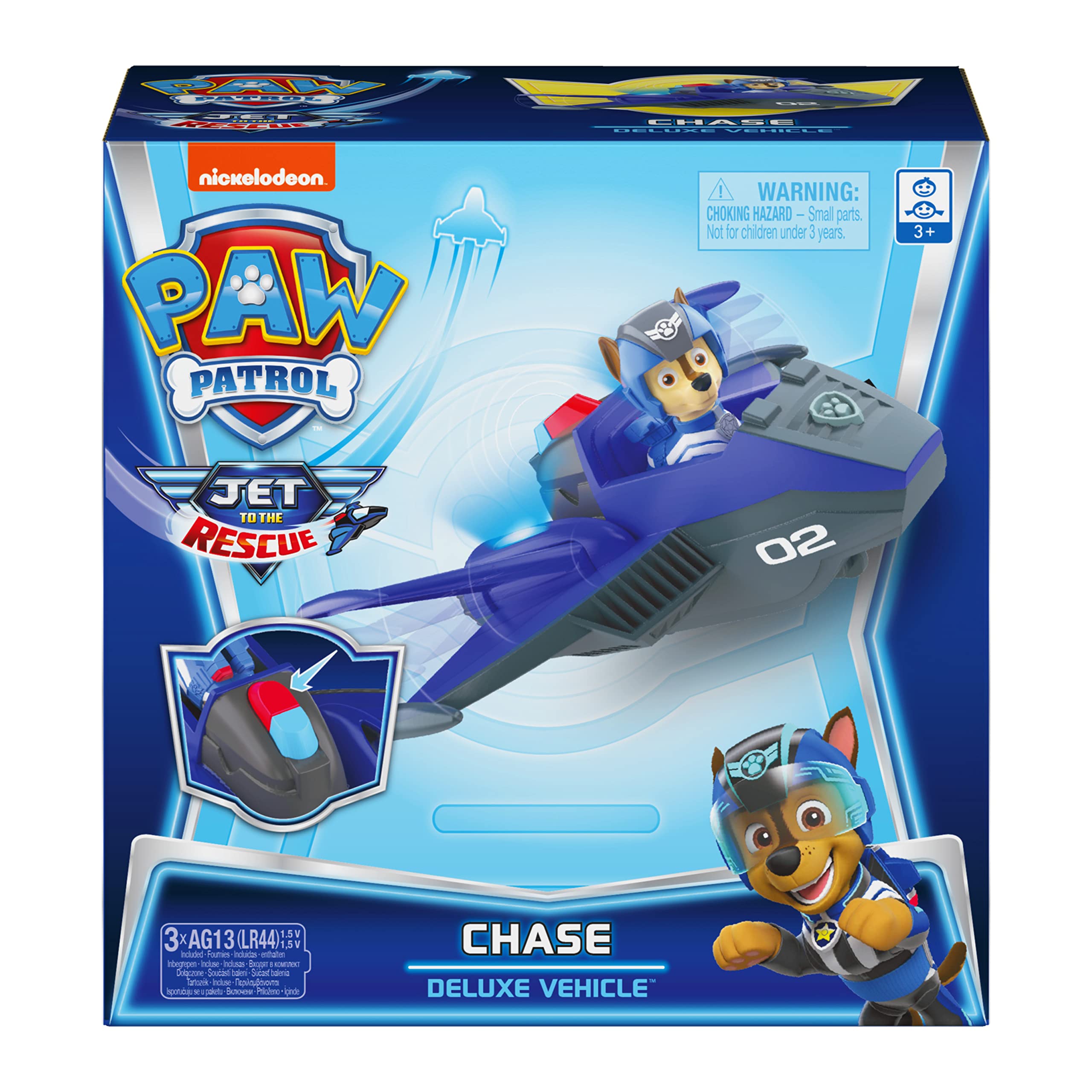 Transformation action of Paw Patrol Jet to the Rescue Chase Deluxe Vehicle with wing pop-up