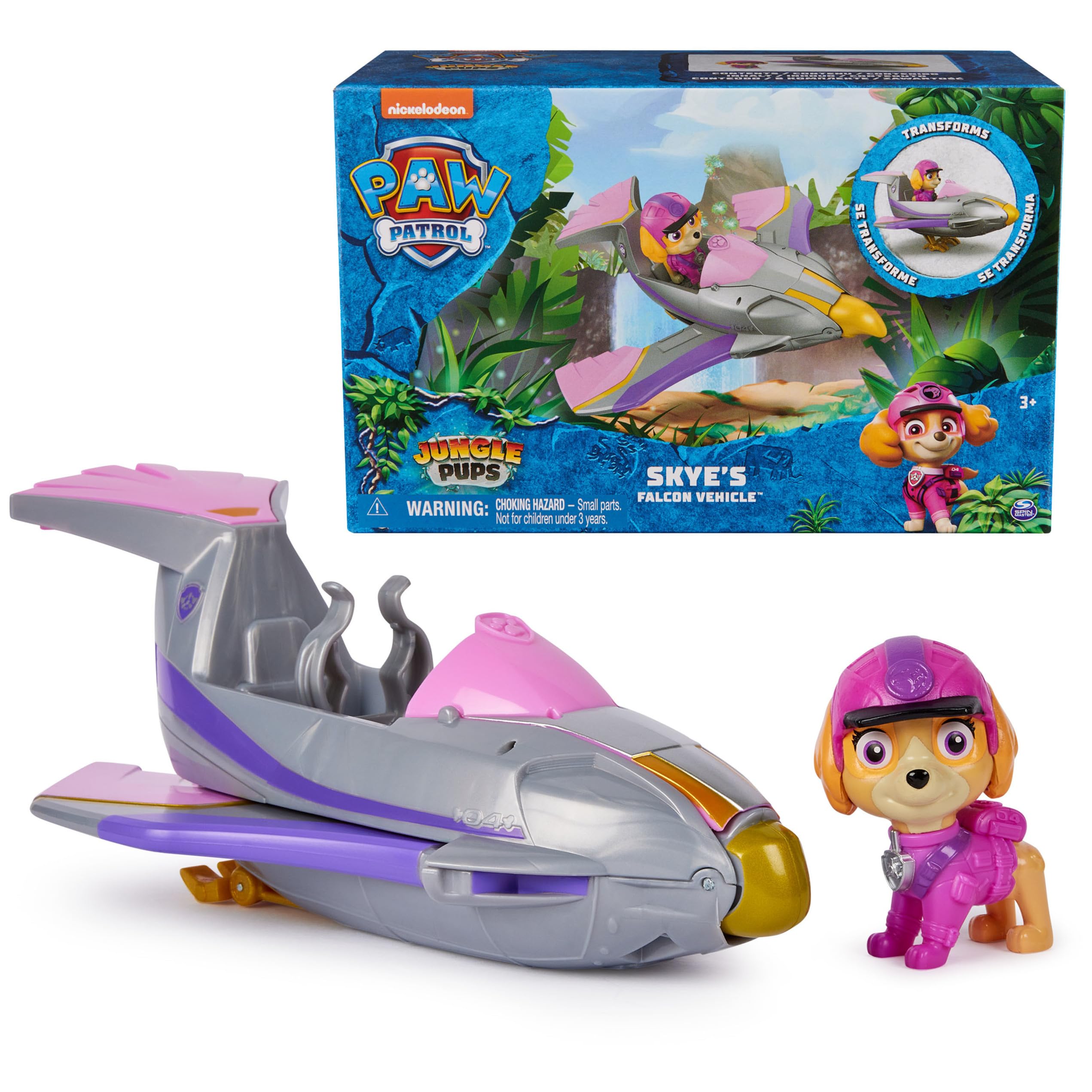 Paw Patrol Jungle Pups Skye falcon vehicle transform with wings extended for rescues.