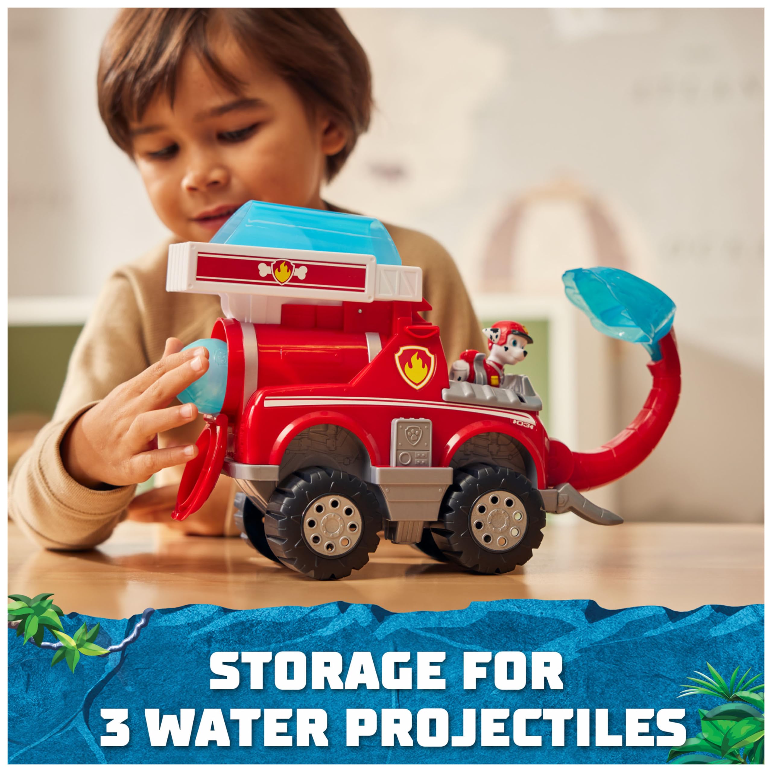 Paw Patrol Jungle Pups trunk launch action demonstrates intuitive firing sequence