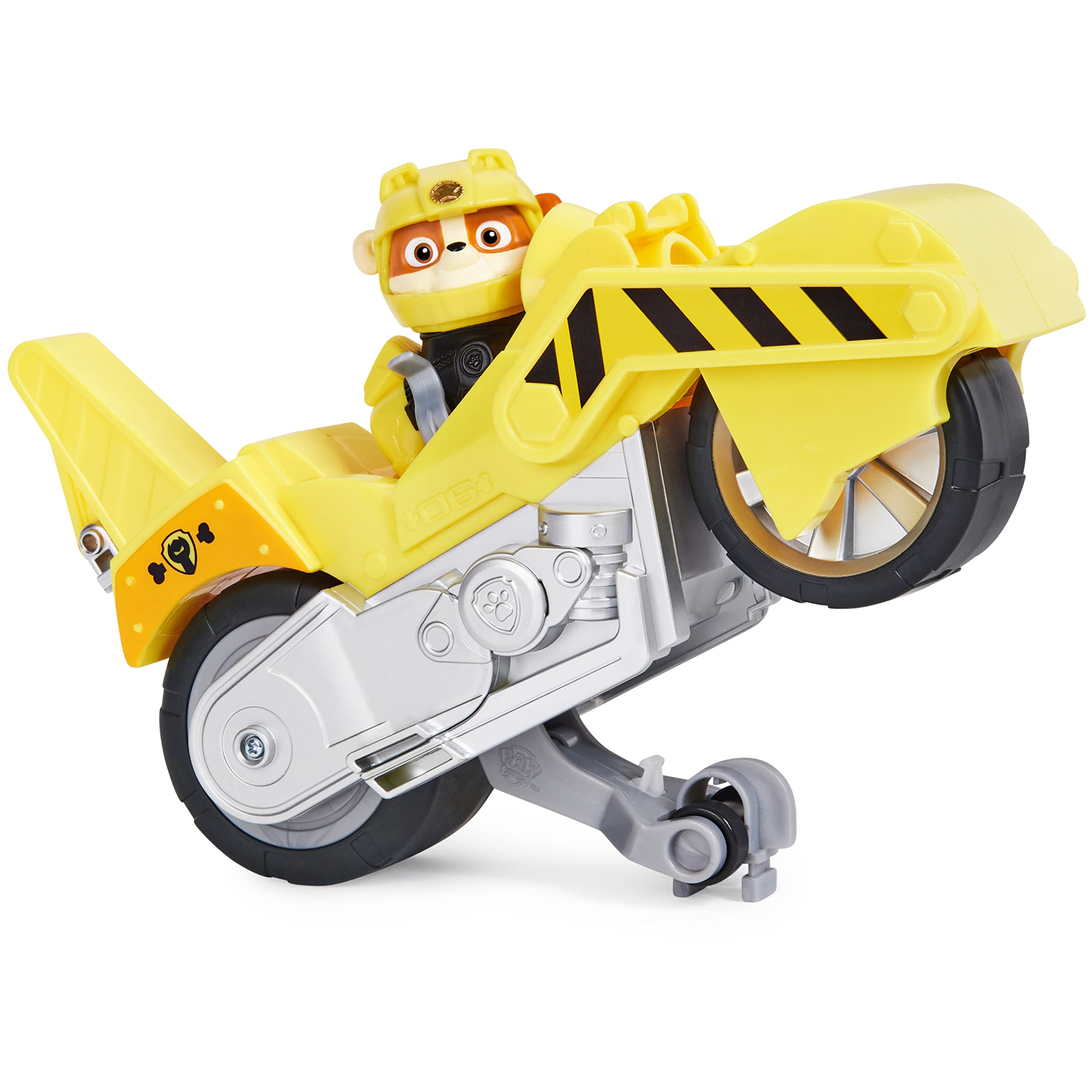 PAW Patrol Rubble Deluxe Vehicle rear view highlighting sturdy wheels for pushing play.