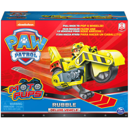 PAW Patrol Rubble Deluxe Vehicle wheelie action in motion during pretend rescues.