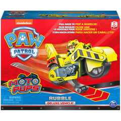 PAW Patrol Rubble Deluxe Vehicle wheelie action in motion during pretend rescues.
