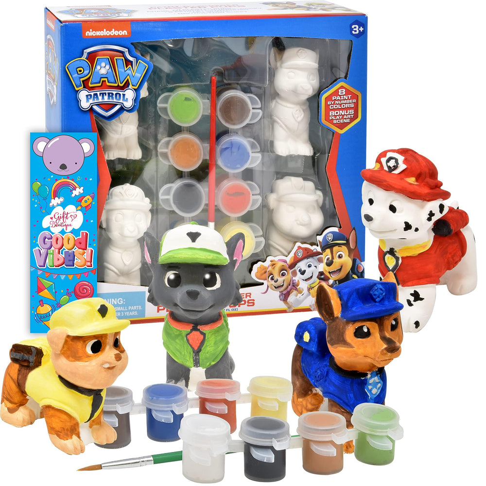 Paw Patrol paint-your-own figurines set packaging invites kids to create.