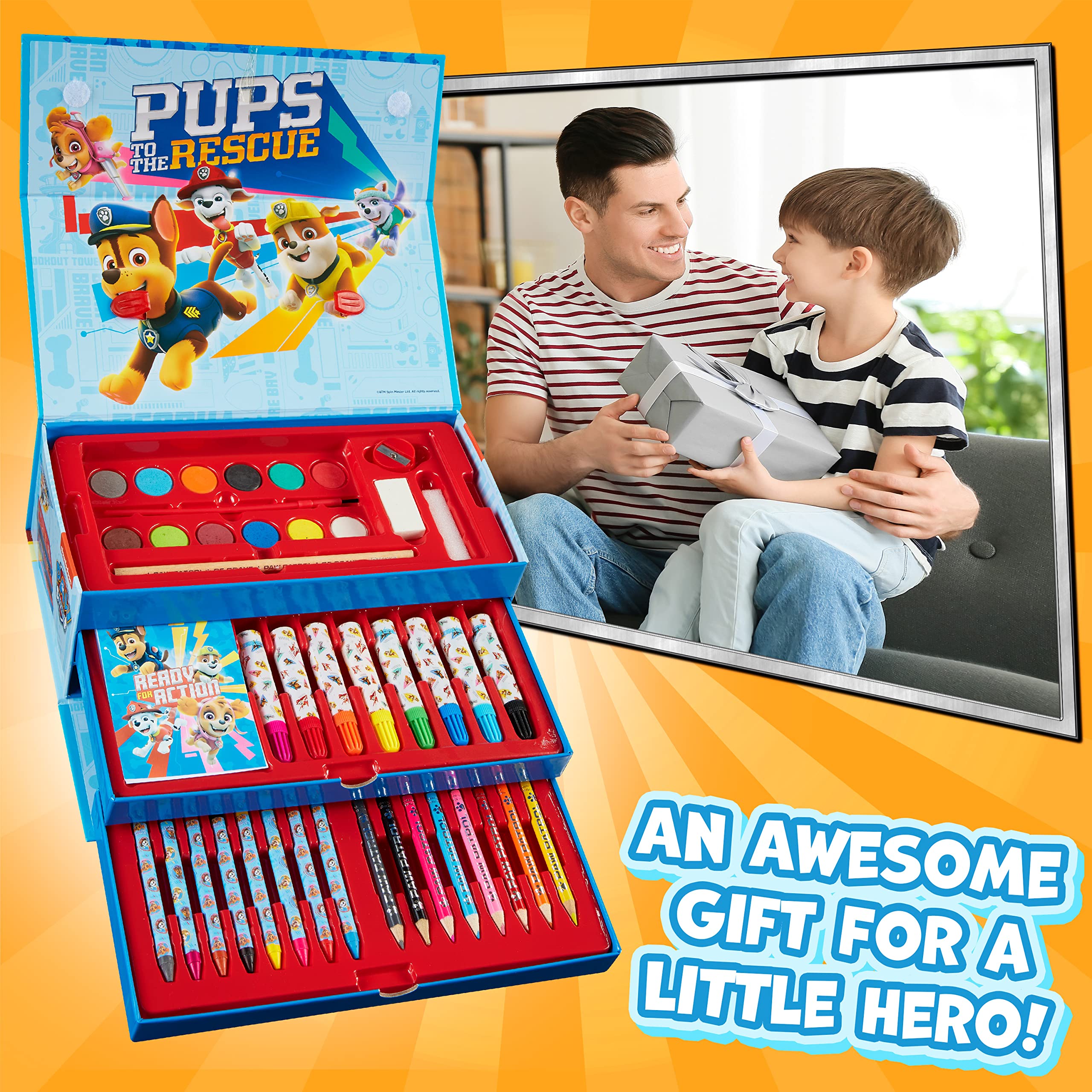 Paw Patrol paints, crayons, and markers offer vibrant colors for creative play.