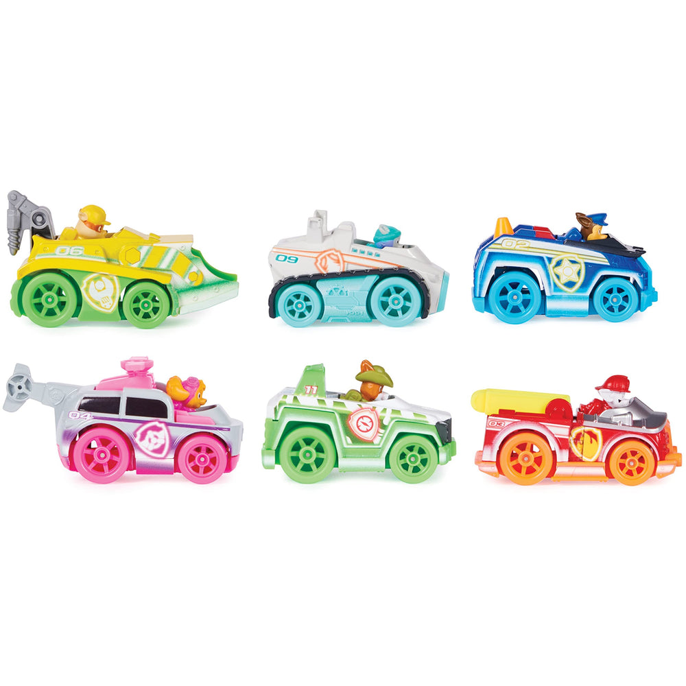 Paw Patrol pup molded inside vehicle with ears fluttering during a race