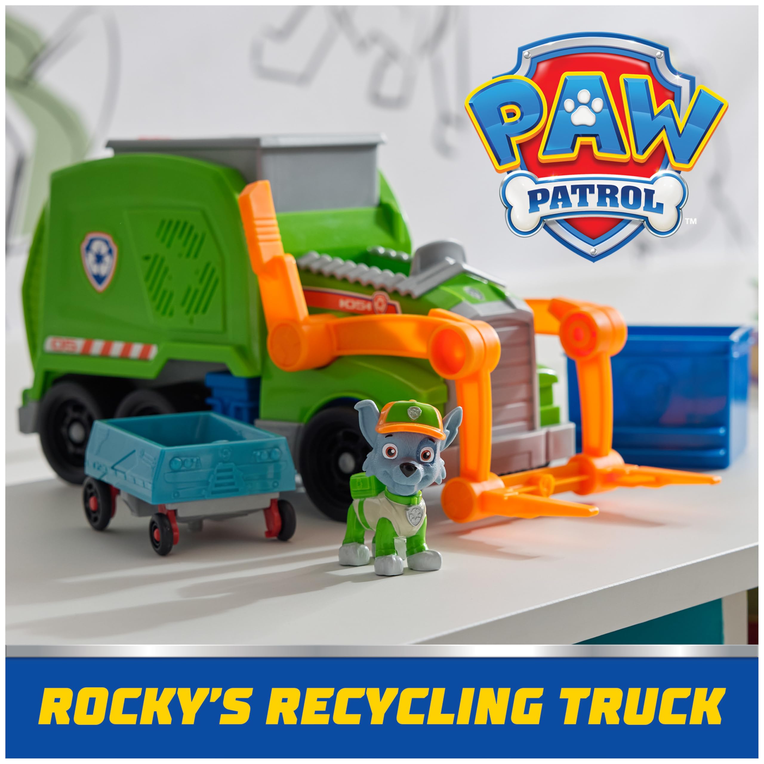 PAW Patrol recycling setup with bin and truck encourages imaginative sorting play.