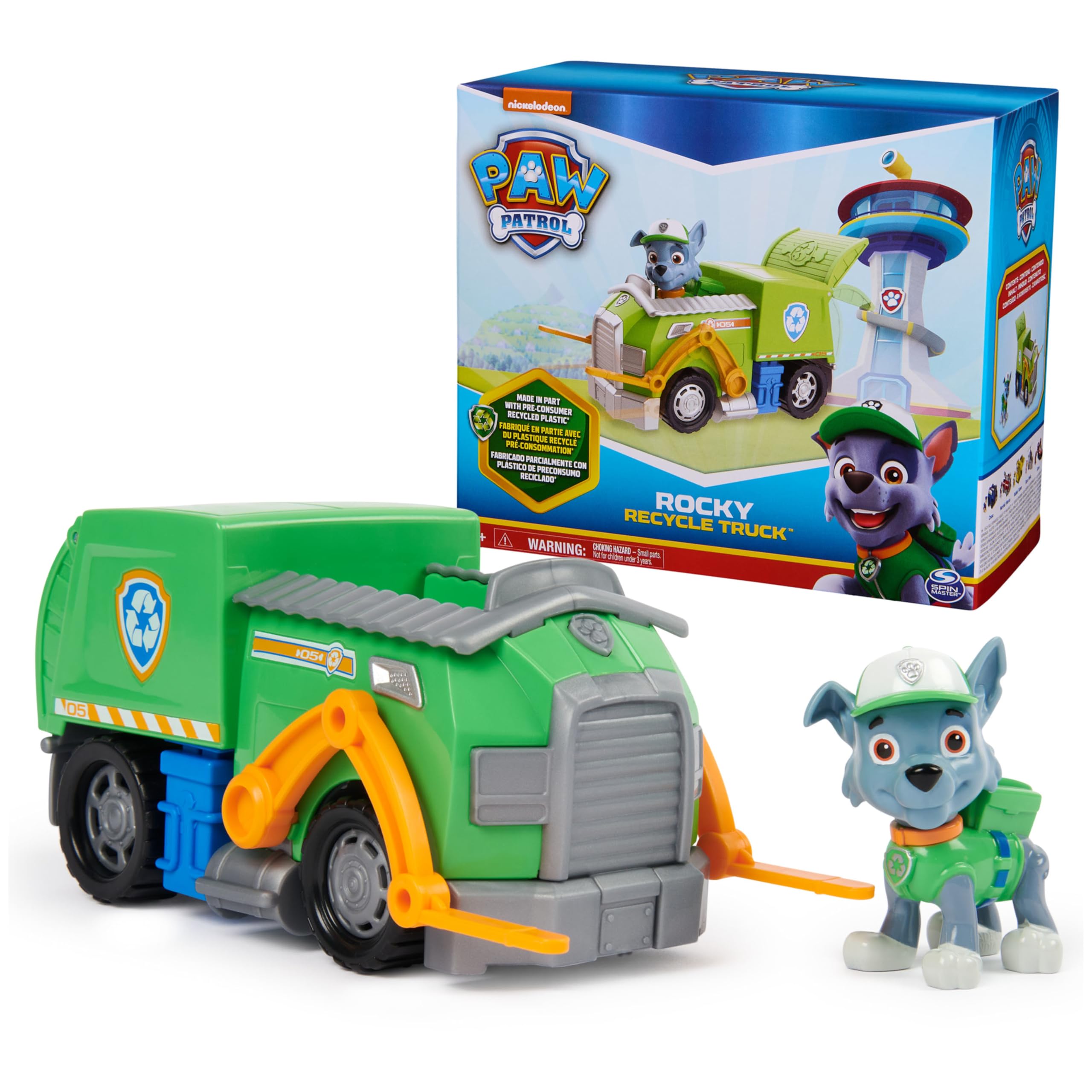 PAW Patrol Rocky recycle truck front view with working wheels for action play.