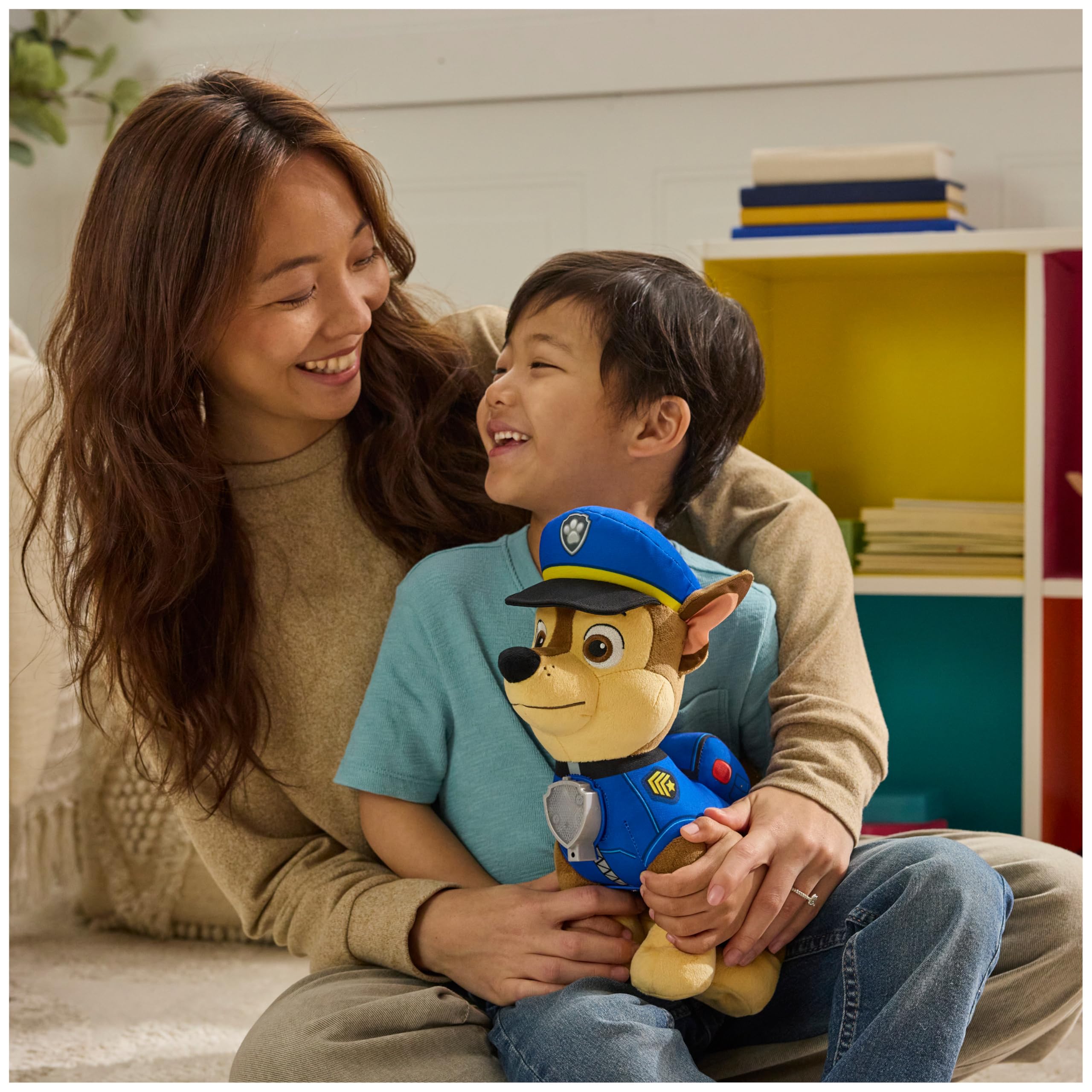 Paw Patrol Room Patrol Chase plush with soft fur for cozy storytelling.
