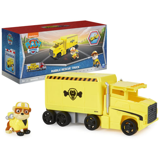 Paw Patrol Rubble transforming big rig truck with action figure, ideal for imaginative rescue play.