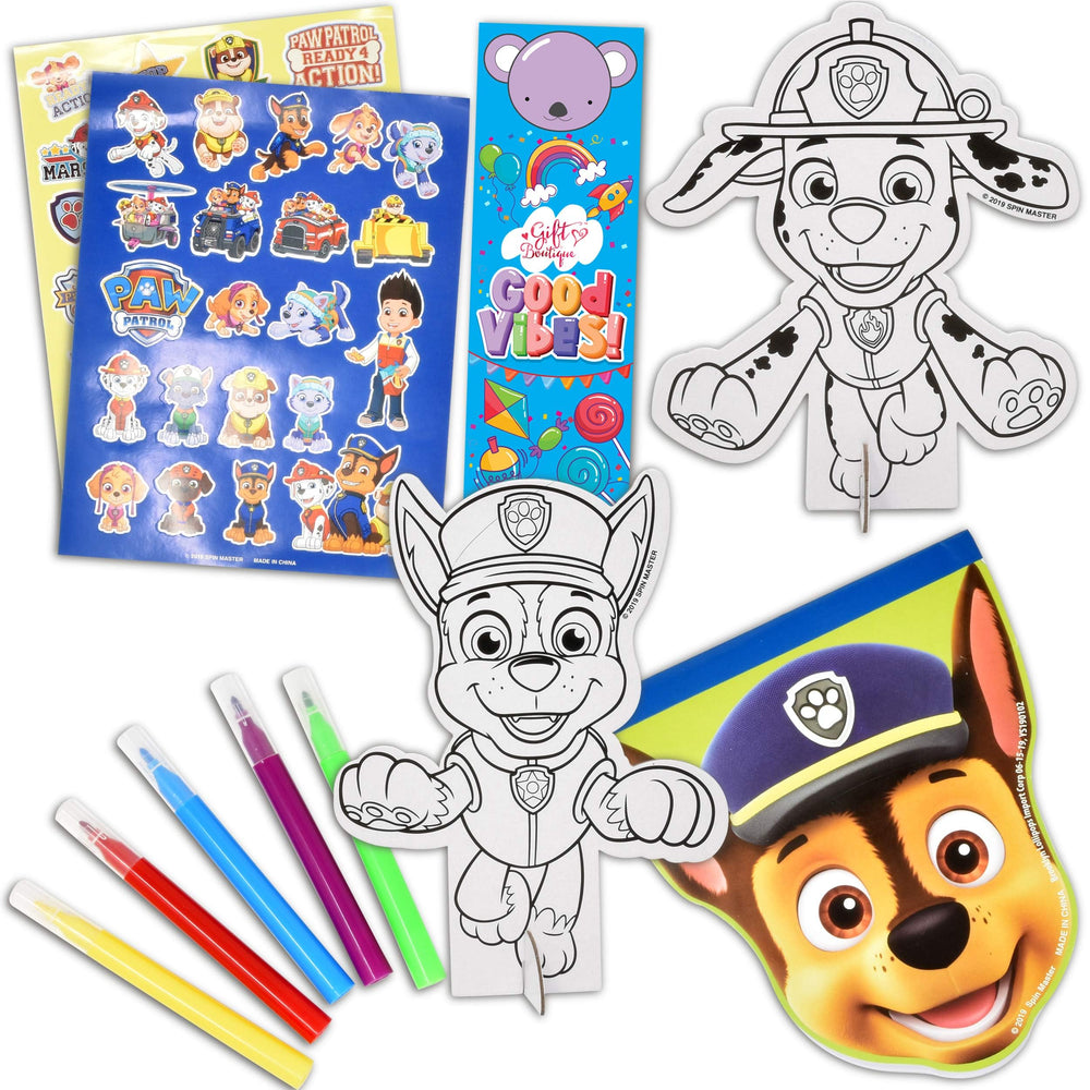 Paw Patrol sketch pad and color-in standees promote drawing practice.