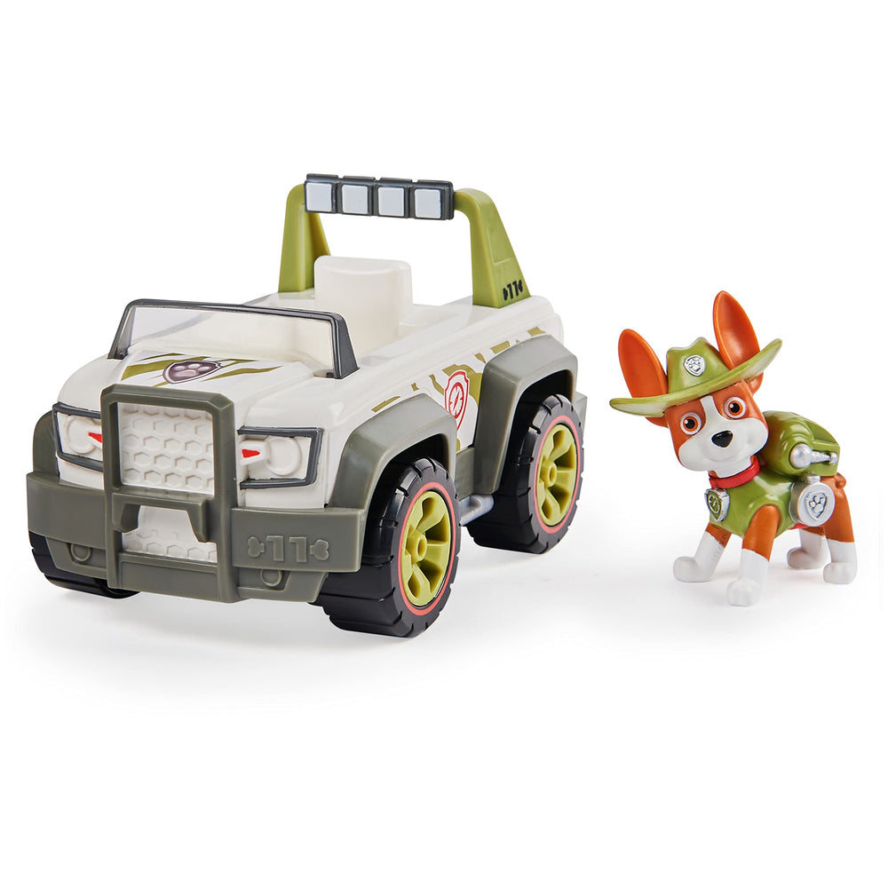 Paw Patrol Tracker Jungle Cruiser vehicle with off-road wheels for pretend rescues.