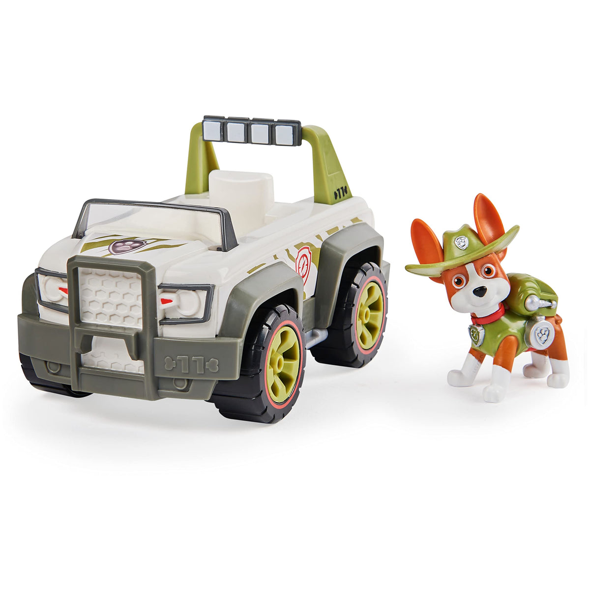 Paw Patrol Tracker Jungle Cruiser vehicle with off-road wheels for pretend rescues.