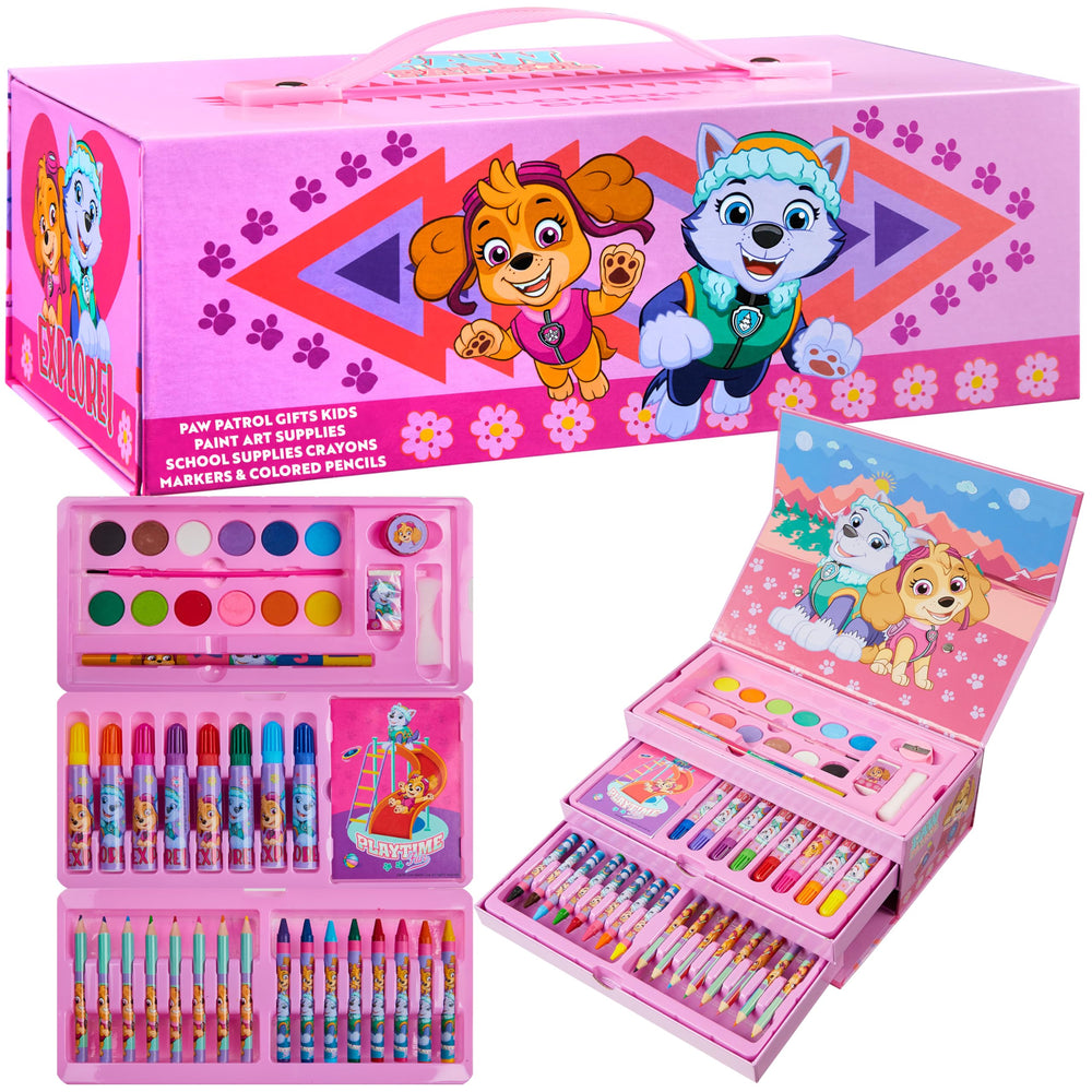Paw Patrol travel-case art supplies in pink, portable for kids' coloring adventures.