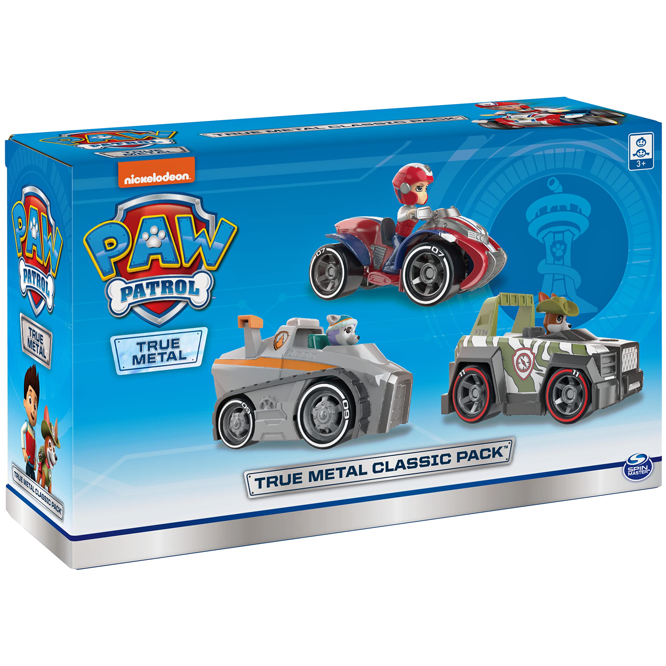 Paw Patrol True Metal Classic Pack image shows three authentic vehicles in action.