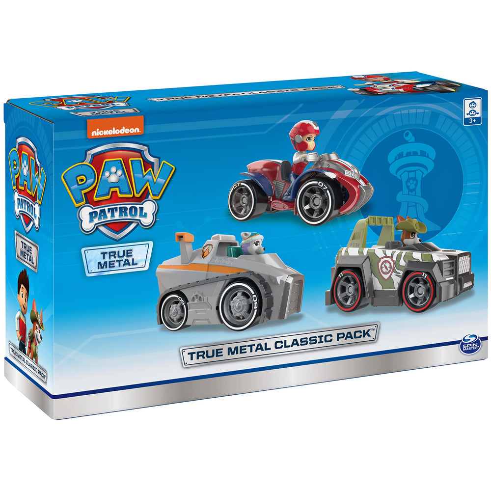 Paw Patrol True Metal Classic Pack image shows three authentic vehicles in action.