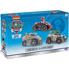 Paw Patrol True Metal Classic Pack image shows three authentic vehicles in action.