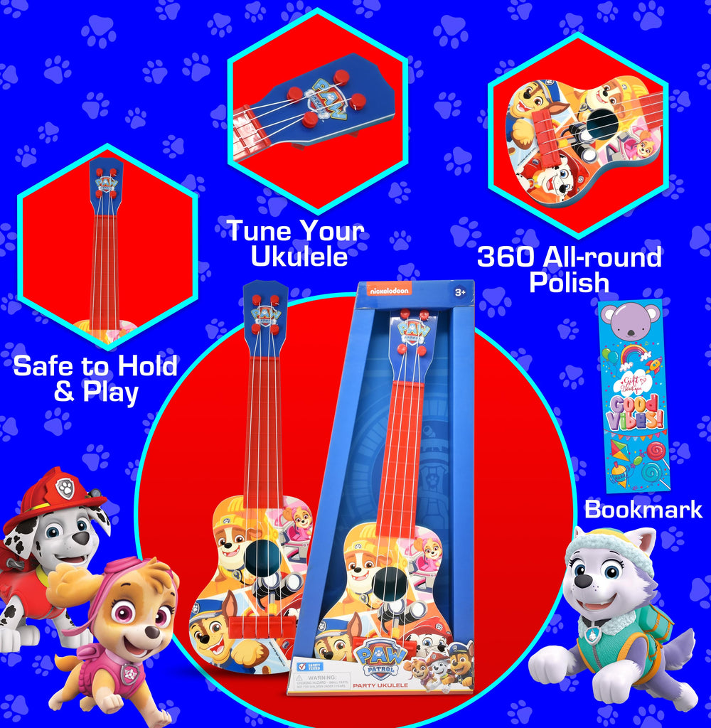 Paw Patrol ukulele in hands-on play pose inviting rhythm practice