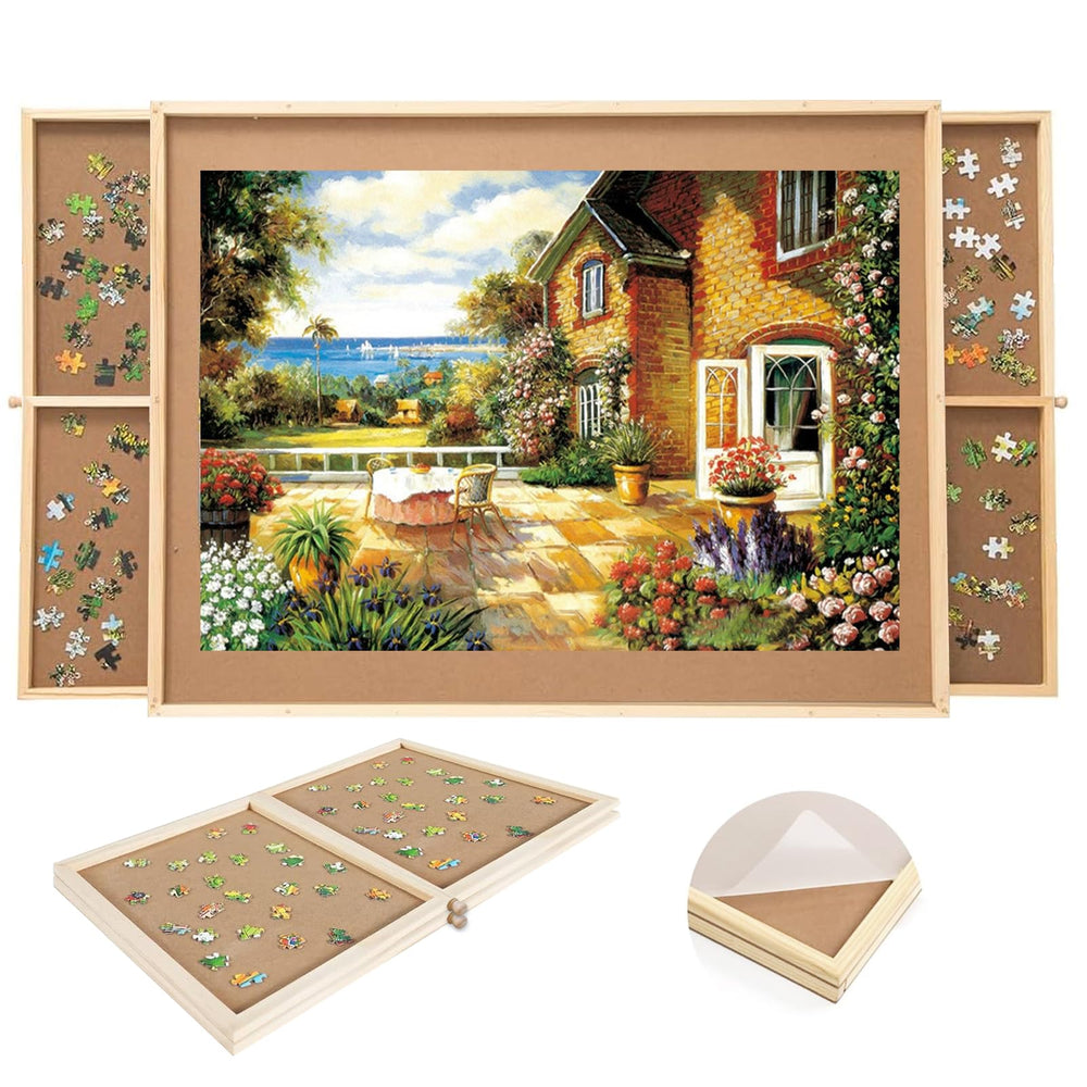 PAZIONMI small puzzle board with drawers keeps pieces organized for easy pausing.
