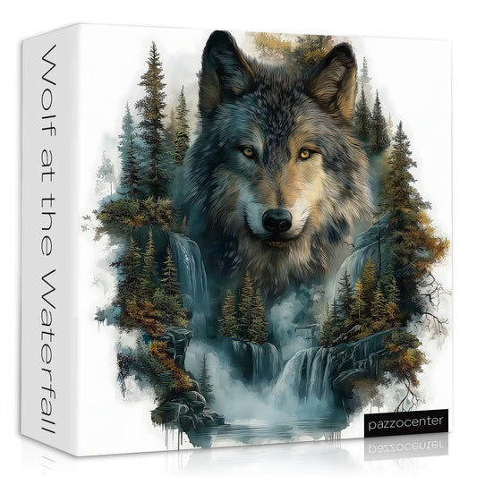 Pazzocenter wolf puzzle box with forest waterfall design for unboxing and setup