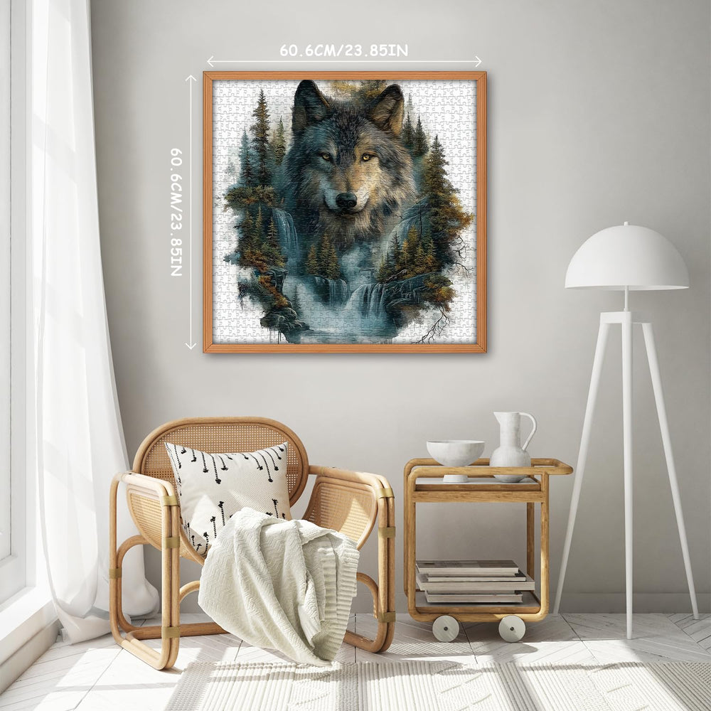 Pazzocenter completed wolf puzzle in forest waterfall scene ready to frame