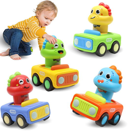 Pbooo dinosaur press-go car front view, safe battery-free play for babies.