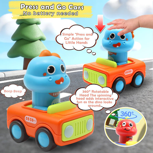 Pbooo dinosaur press-go car side view, bright colors engage toddlers during play.