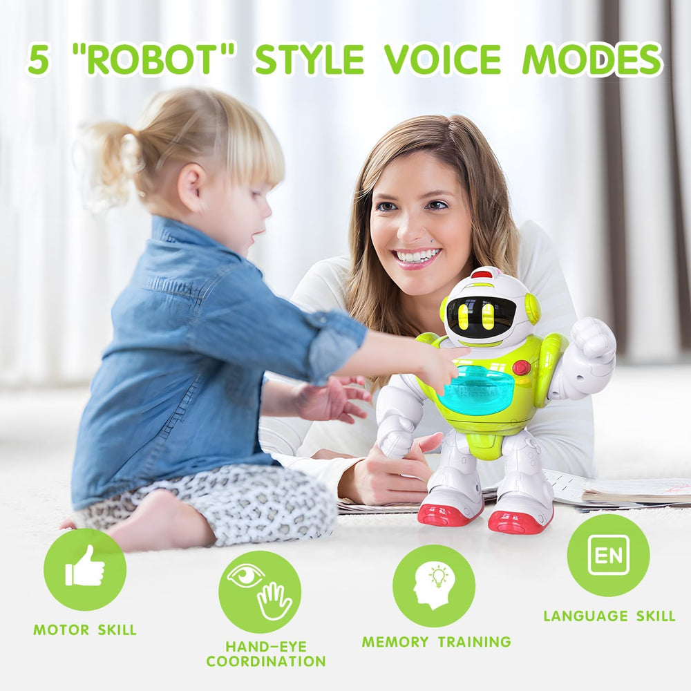 P&C robot chest button records voices to personalize playtime.
