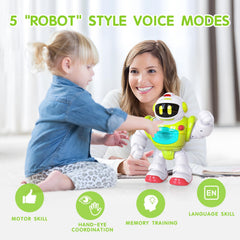P&C robot chest button records voices to personalize playtime.
