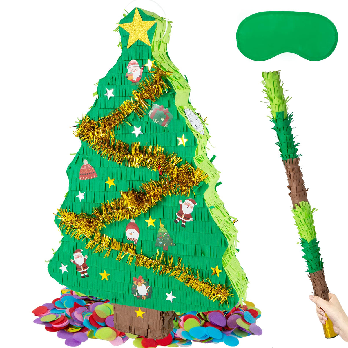 PCFING Christmas tree pinata at center stage, ready to reveal candy.
