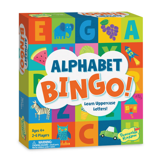 Peaceable Kingdom Alphabet Bingo board supports early literacy practice