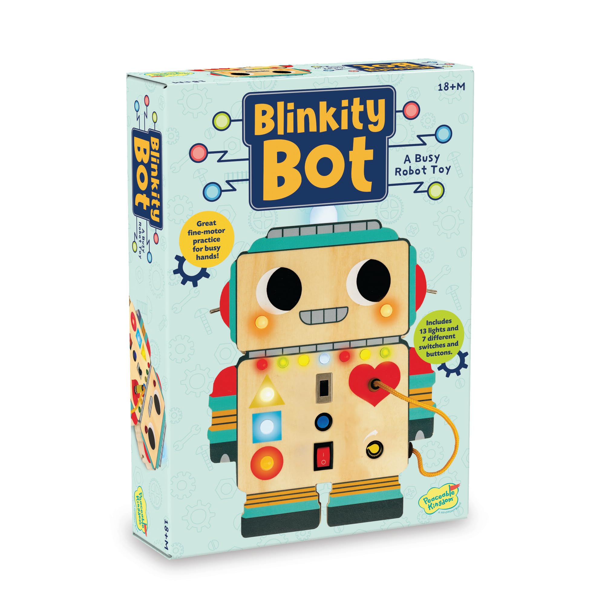 Peaceable Kingdom Blinkity Bot light-up busy board with vibrant switches for toddler exploration.