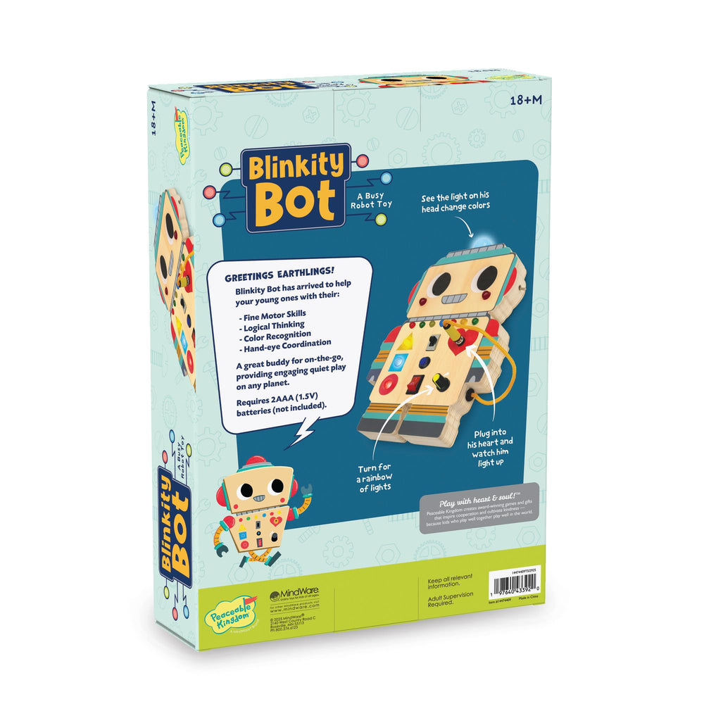 Peaceable Kingdom Blinkity Bot supports Montessori-inspired play and color recognition.