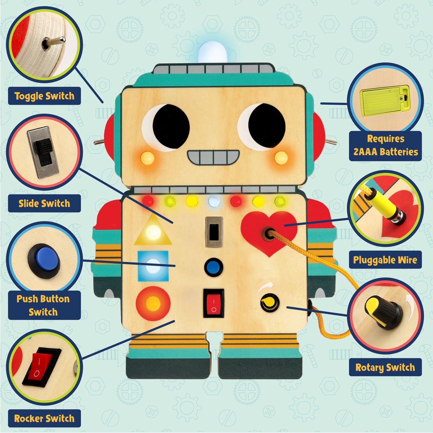Peaceable Kingdom Blinkity Bot wooden toy with switches and buttons supports fine motor practice.