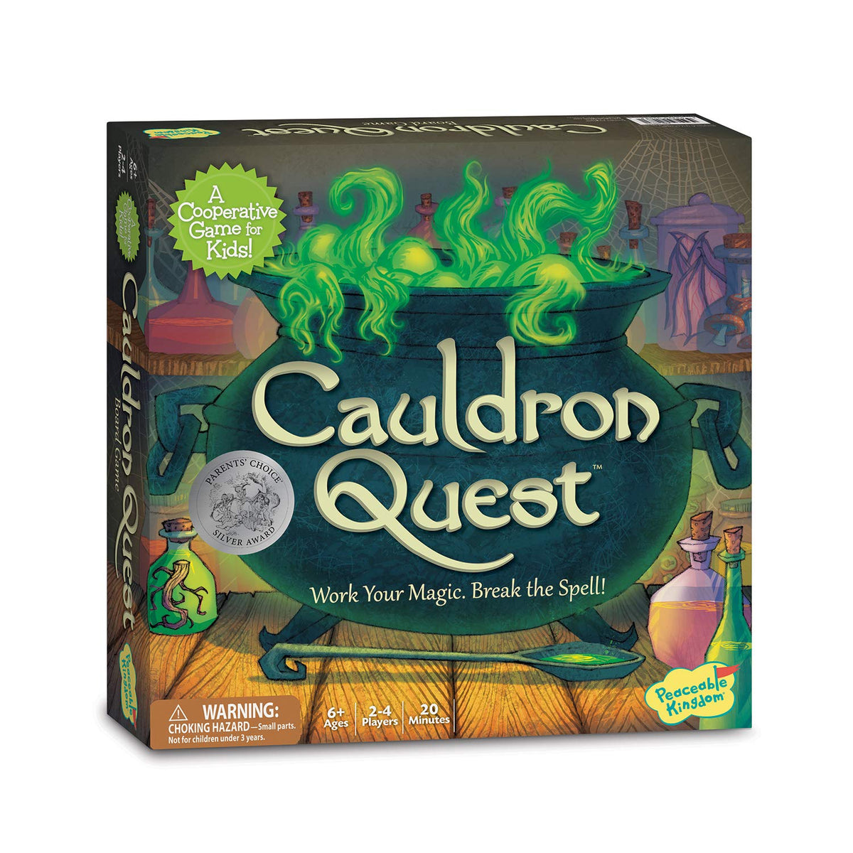 Peaceable Kingdom Cauldron Quest game board ready for cooperative play and bright spell-themed design.