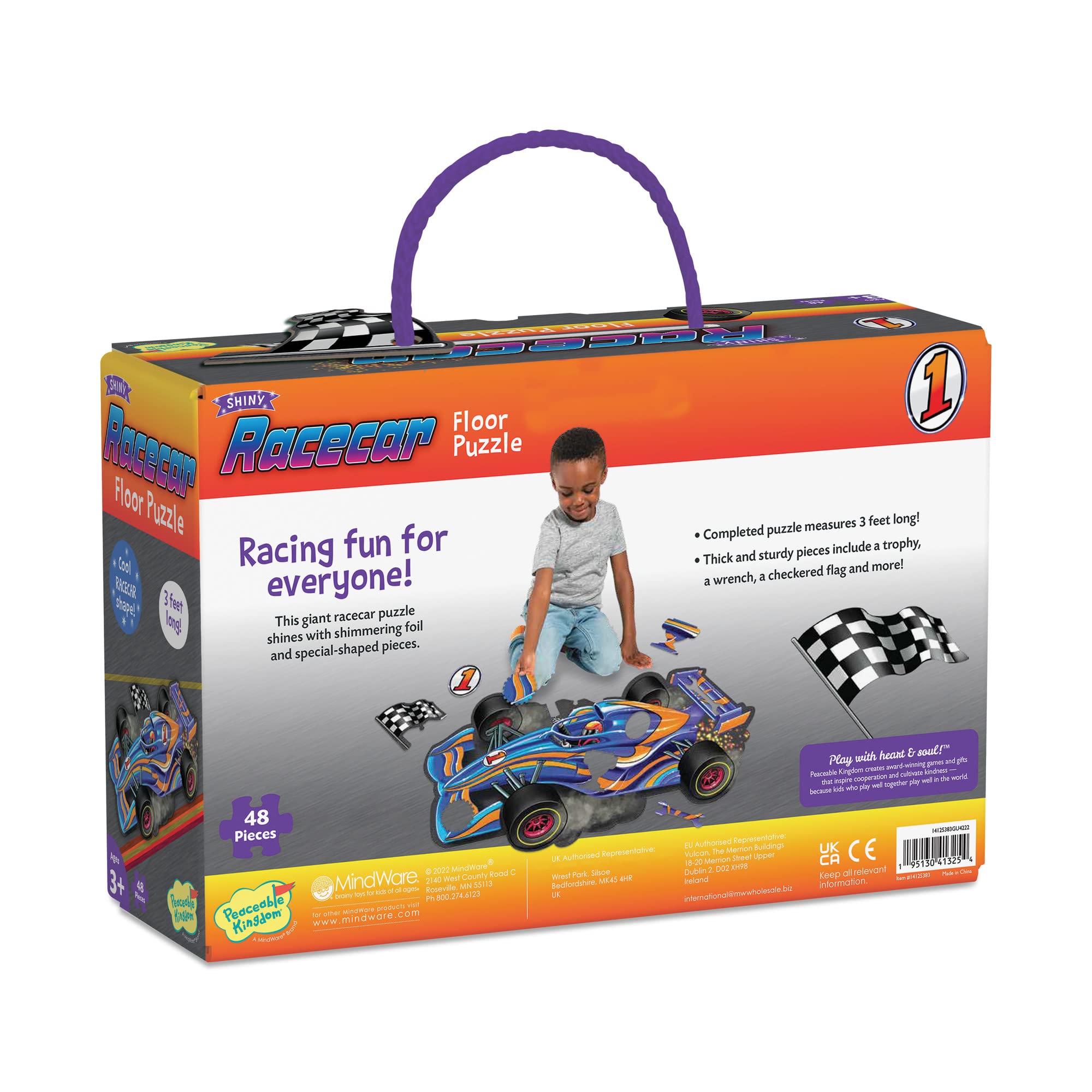 Peaceable Kingdom Racecar puzzle supports visual matching and cooperative problem solving for kids.