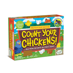 Peaceable Kingdom Count Your Chickens board shows cooperative play layout for families.