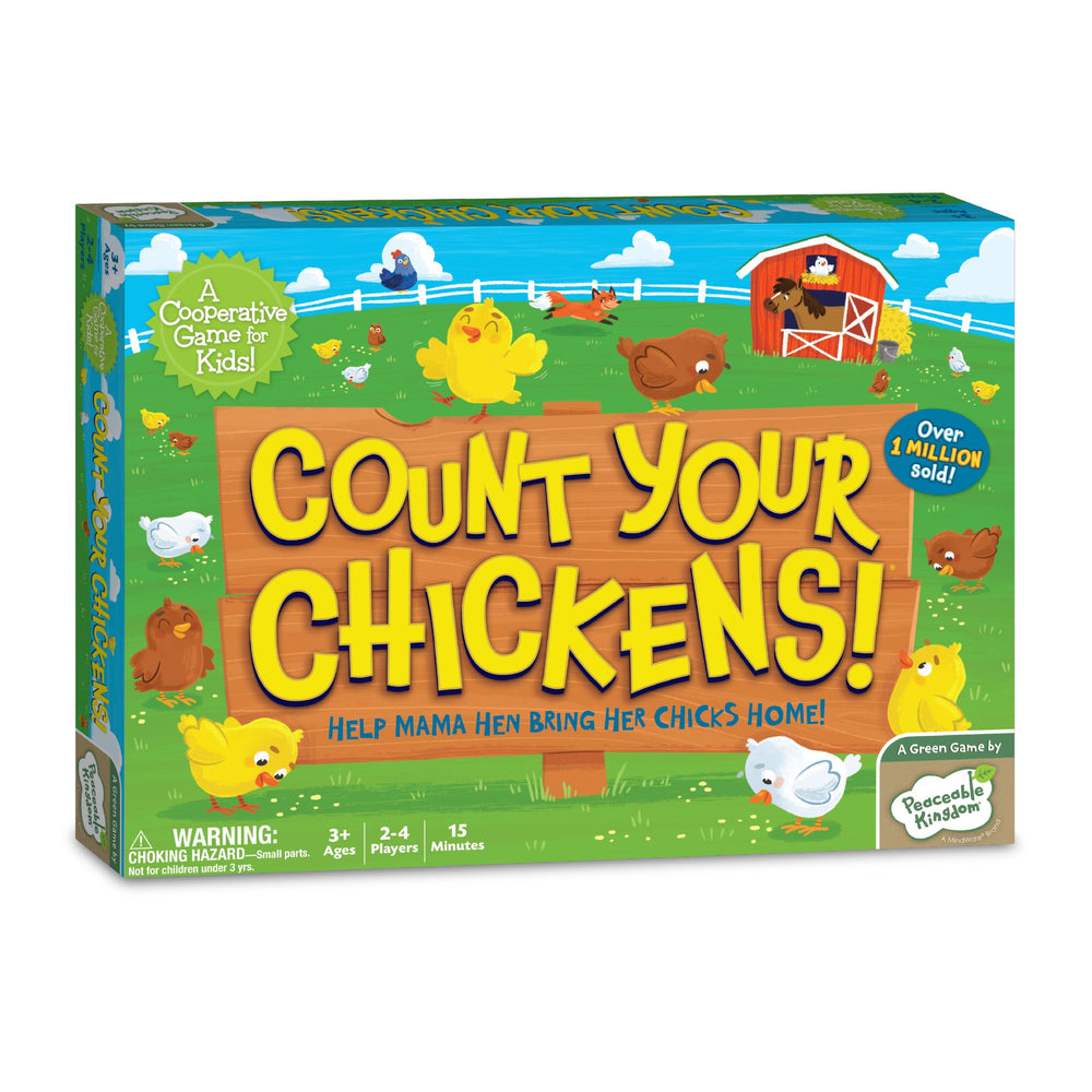Peaceable Kingdom Count Your Chickens game box ready for family game night