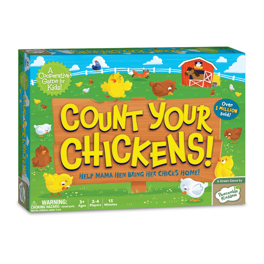 Peaceable Kingdom Count Your Chickens game box ready for family game night