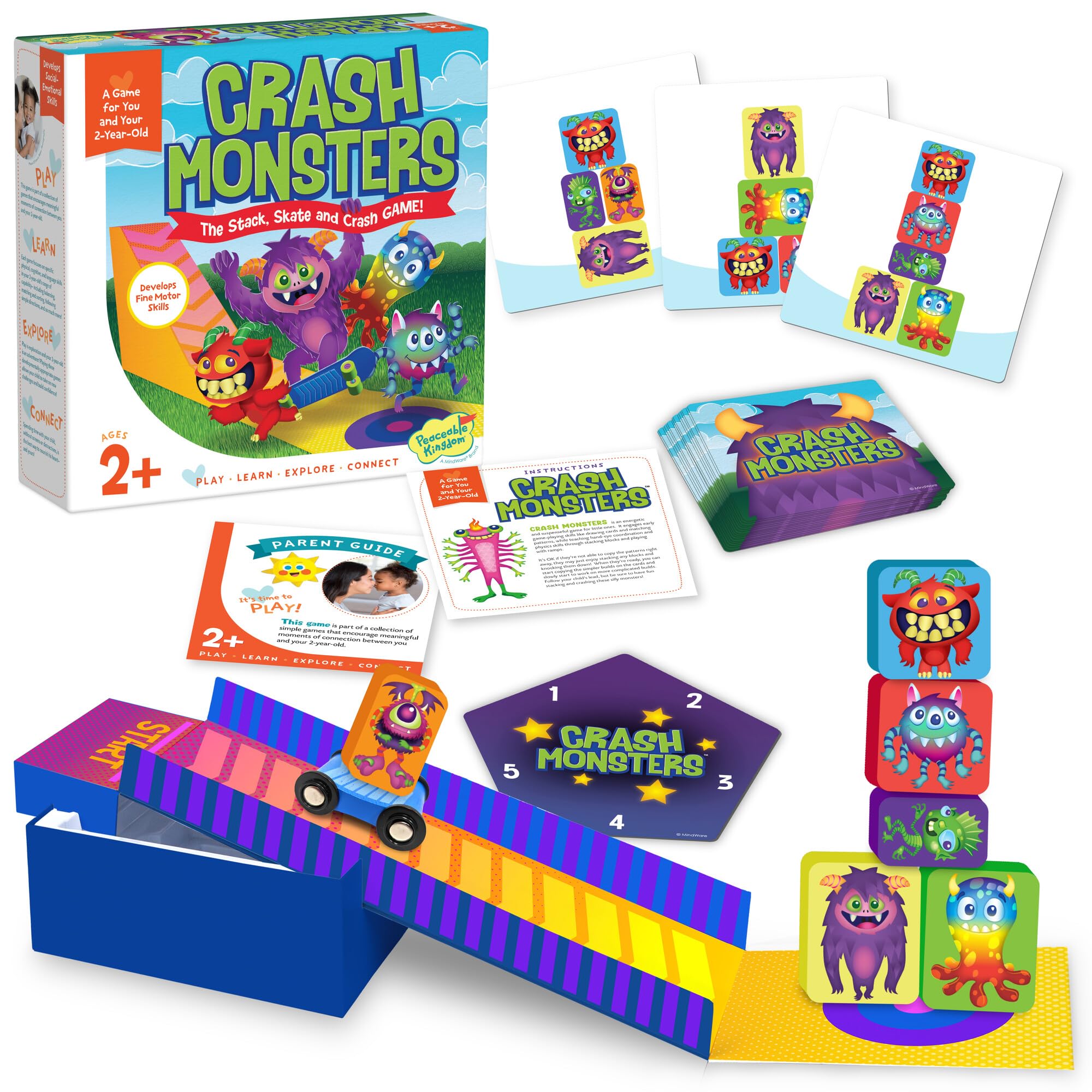 Peaceable Kingdom Crash Monsters block stack supports fine motor practice with colorful blocks.
