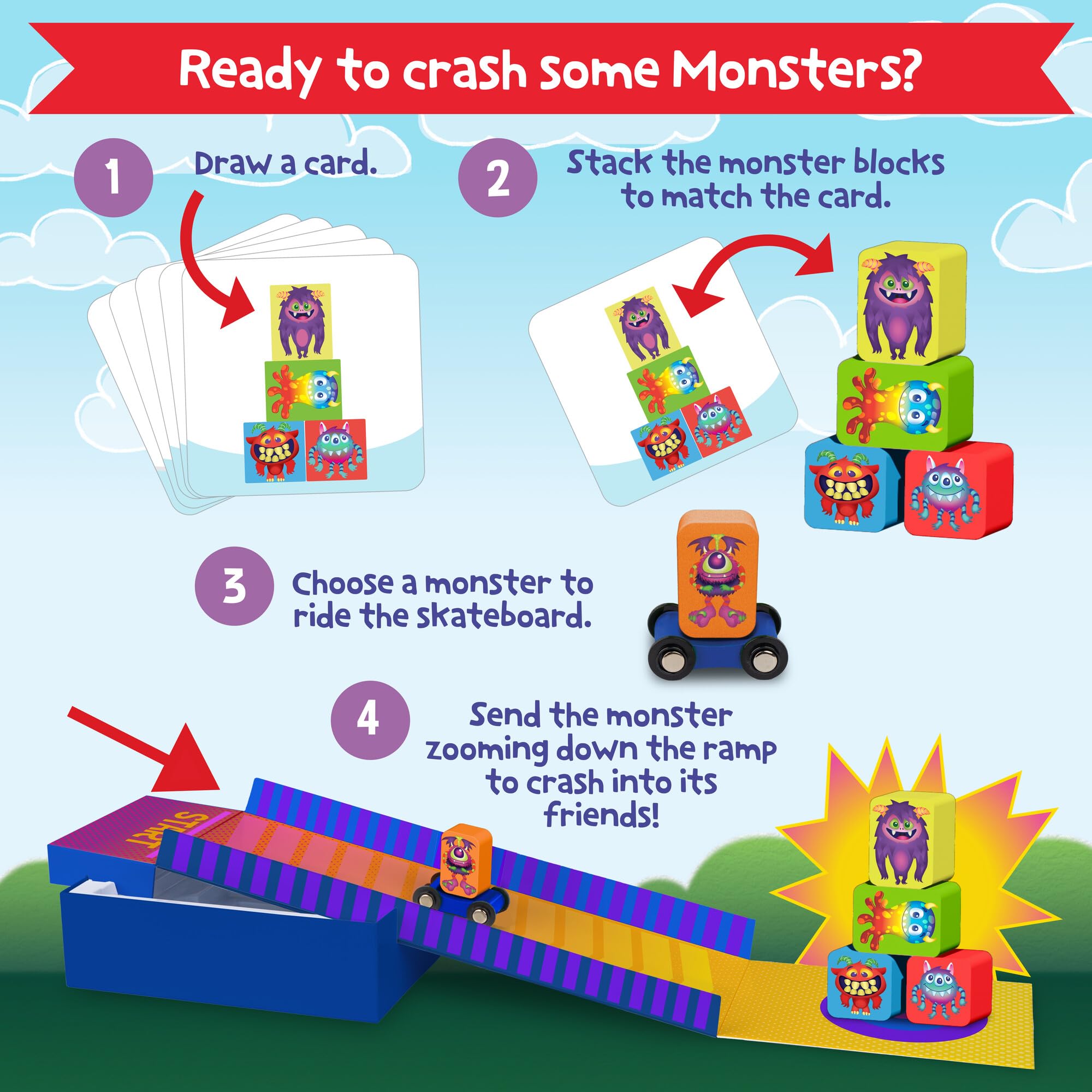 Peaceable Kingdom Crash Monsters skateboard action shows ramp play for active fun.
