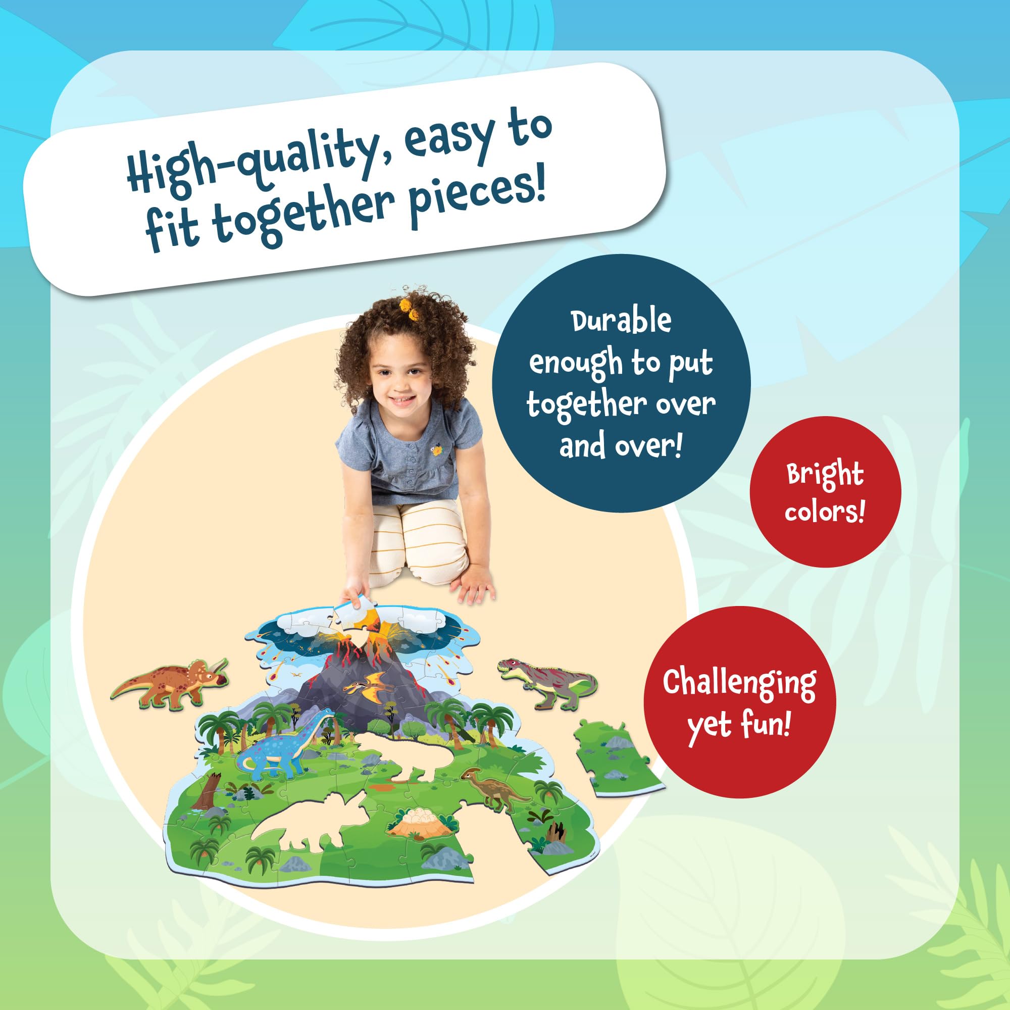 Peaceable Kingdom dinosaur island floor puzzle assembled layout with vibrant colors to attract imagination.