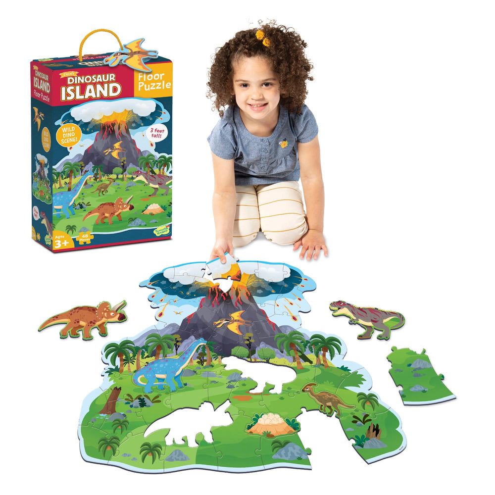 Peaceable Kingdom dinosaur island floor puzzle box with cord for easy transport.