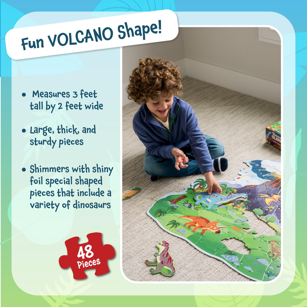 Peaceable Kingdom dinosaur island floor puzzle kids playing to support spatial thinking.
