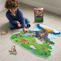 Peaceable Kingdom dinosaur island floor puzzle pieces close-up showing thick, durable shapes ideal for little hands.