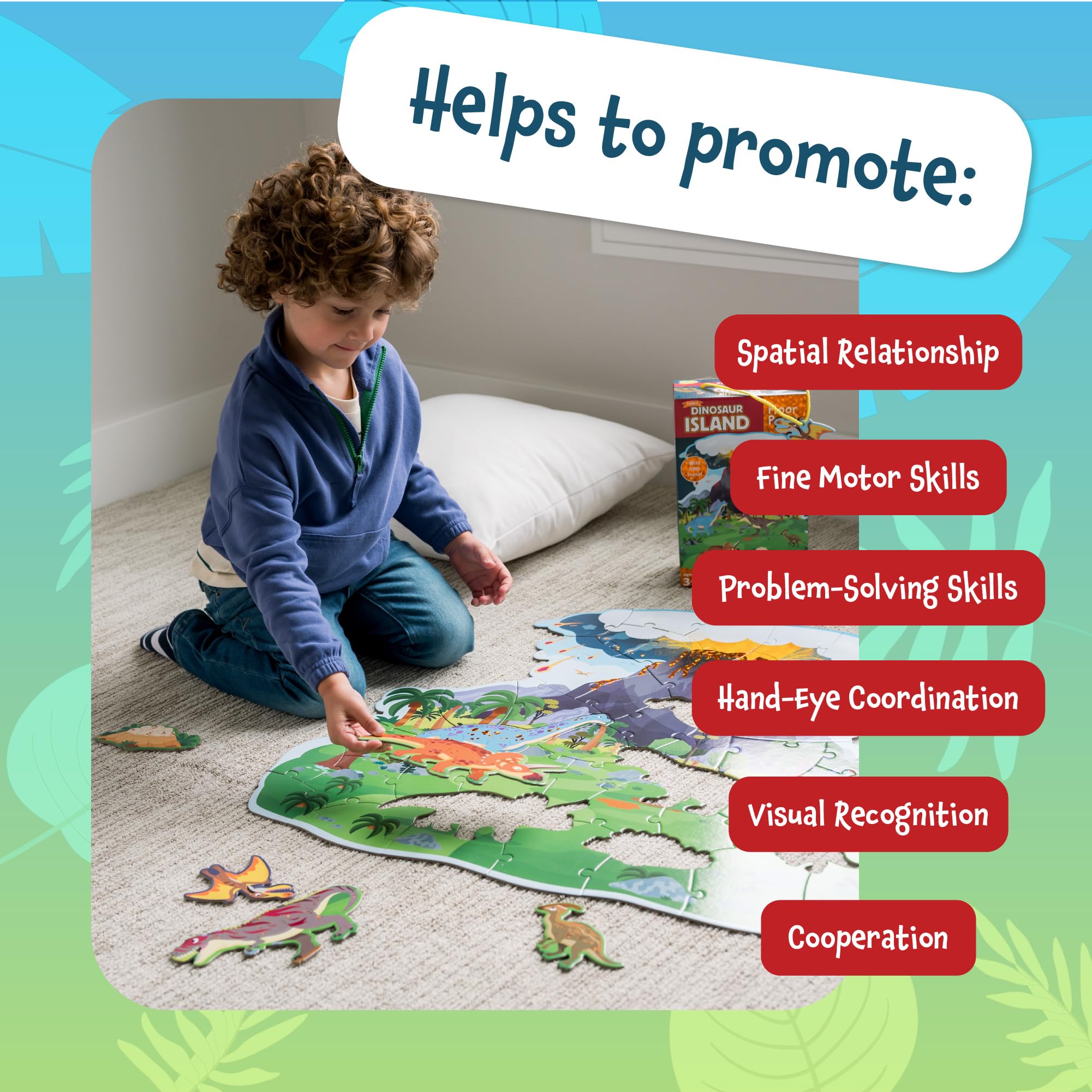 Peaceable Kingdom dinosaur island floor puzzle storage box for easy carrying and quick cleanup.