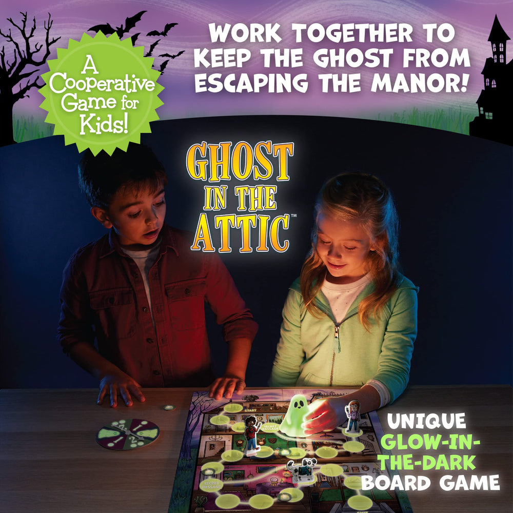 Peaceable Kingdom Ghost in Attic explorers-trio depicts the cooperative trio exploring the haunted manor.