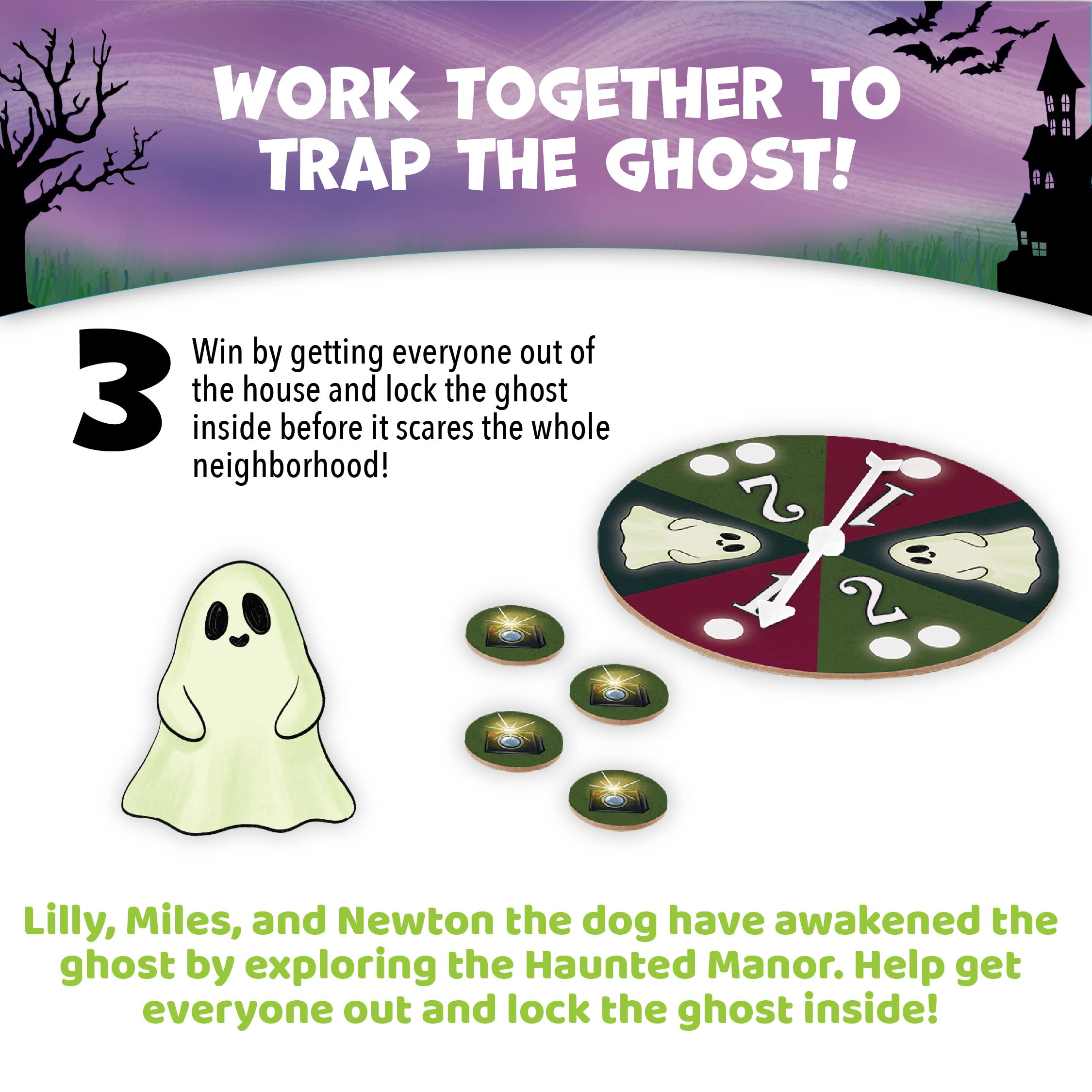 Peaceable Kingdom Ghost in Attic game-board-illustration sets eerie atmosphere for kids.